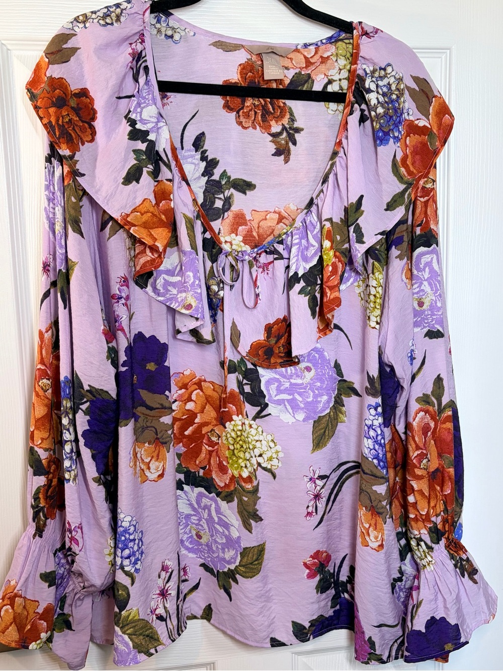 H&M Lavender Floral Ruffle Tie-Neck Blouse